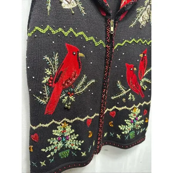 Christmas Holiday Sweater Vest Women’s Size Small Red Cardinals Embellished EUC - Picture 3 of 11